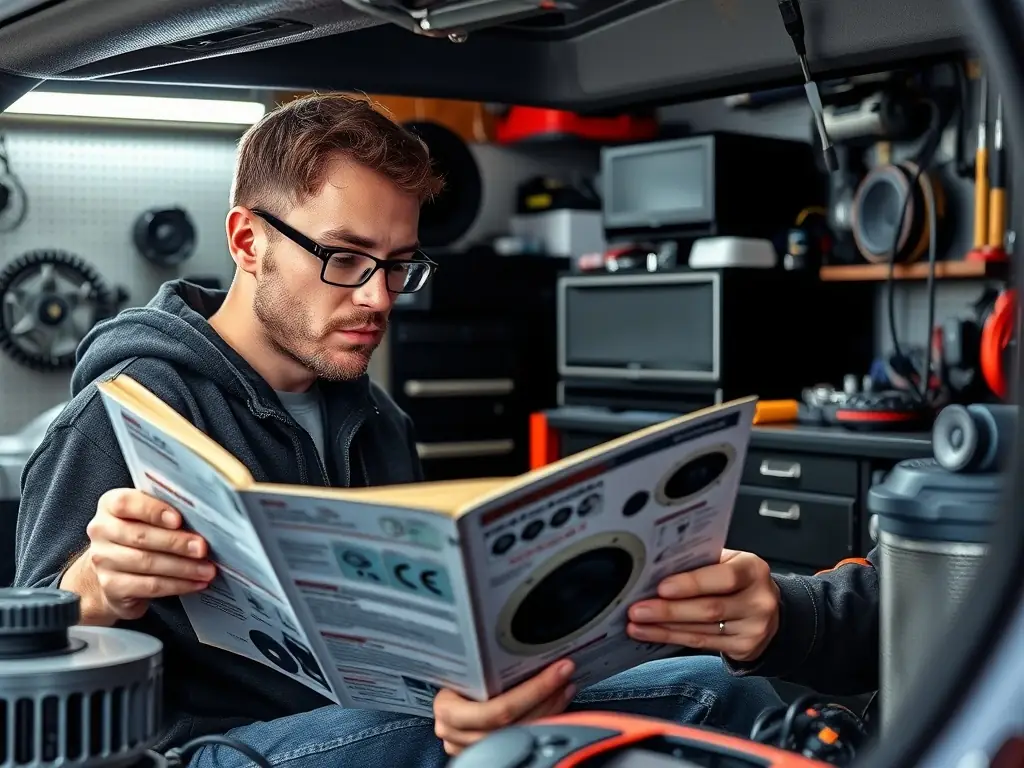 An image of a technician installing a car stereo system inside a vehicle, with tools and equipment visible.