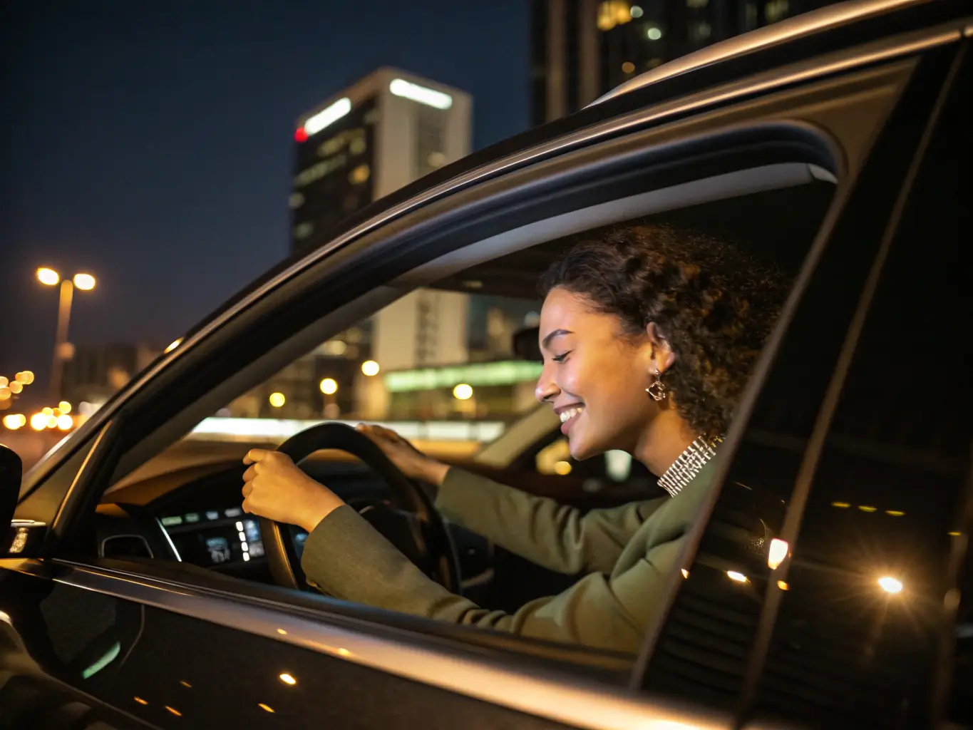 A satisfied customer smiling while enjoying music in their car, showcasing the positive impact of Satellite Radio Setup's services.