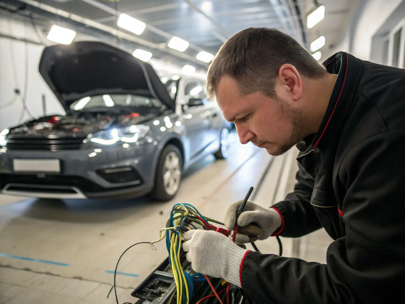 A technician carefully inspecting the wiring behind a car stereo system, highlighting the meticulous attention to detail in troubleshooting.