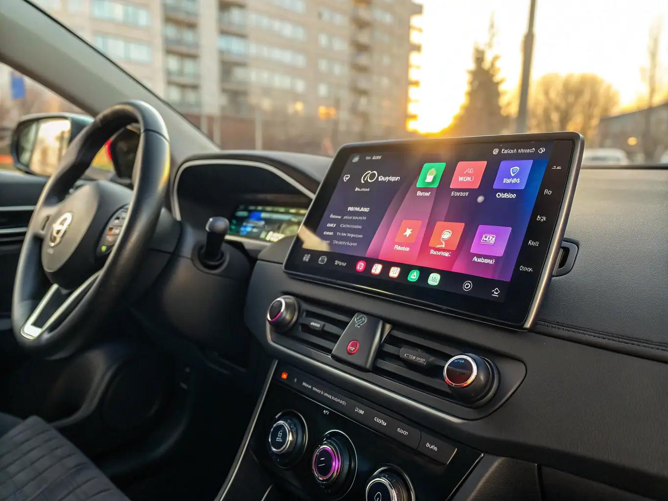 A close-up shot of a car's dashboard with a modern infotainment system displaying satellite radio channels, emphasizing subscription management.