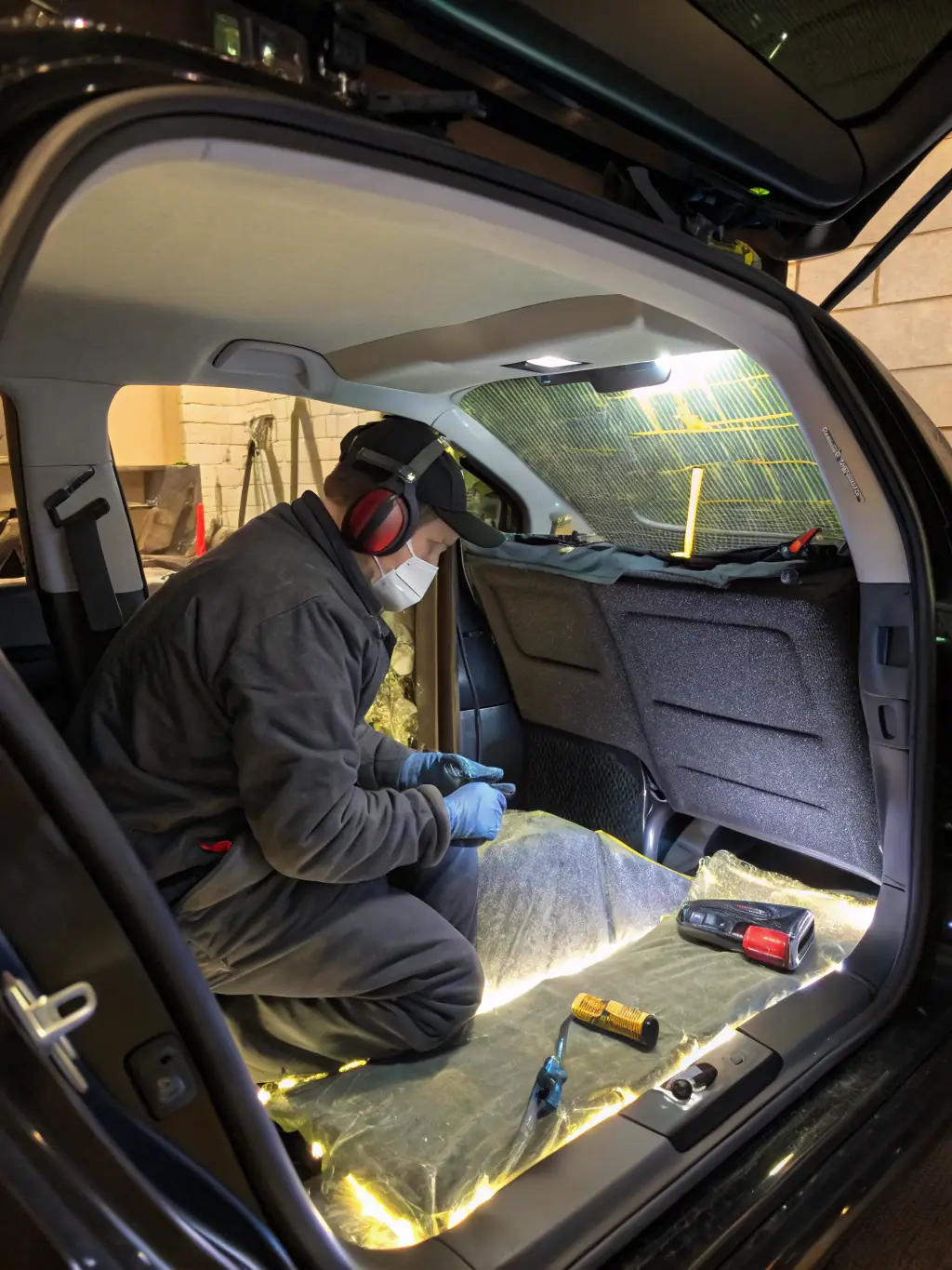 A high-quality image depicting a car audio technician installing a new subwoofer in a car trunk, showcasing the precision and expertise involved in speaker upgrades.