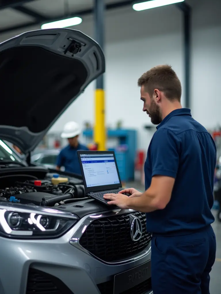 A detailed image of a car audio system diagnostic tool being used to identify a problem in a car's audio wiring, emphasizing the technical aspect of the service.